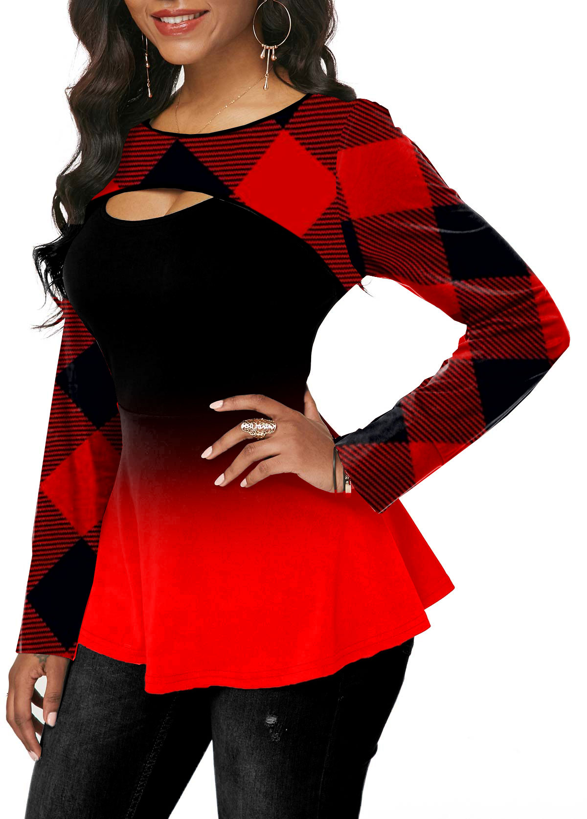 Red Plaid Long Sleeve Round Neck T Shirt