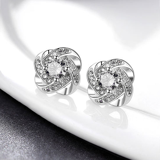 Floral Design Rhinestone Detail Silver Earrings