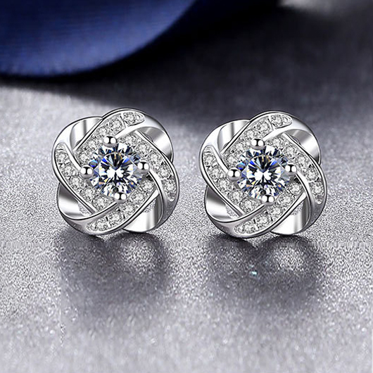 Floral Design Rhinestone Detail Silver Earrings