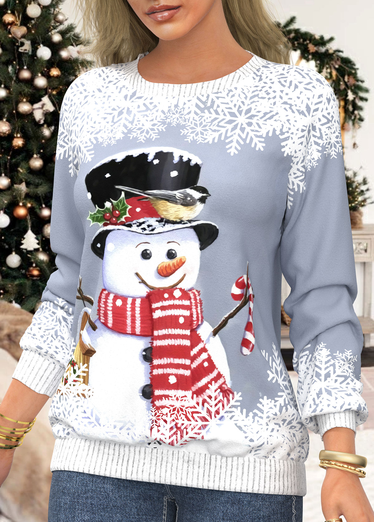 Grey Christmas Snowman Print Round Neck Sweatshirt