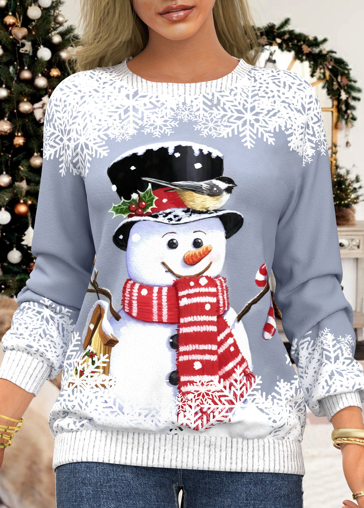 Grey Christmas Snowman Print Round Neck Sweatshirt