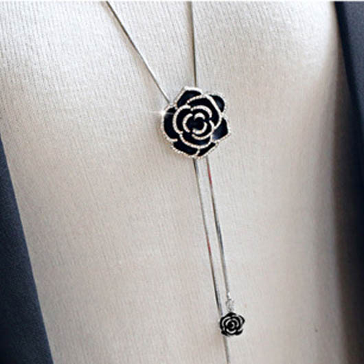 Metal Black Rhinestone Detail Floral Design Necklace
