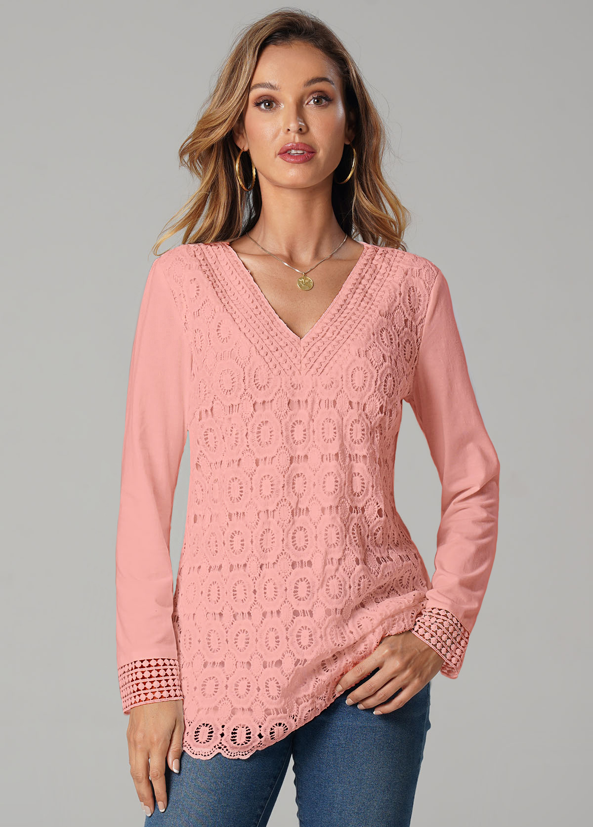 Lace Patchwork V Neck Pink T Shirt