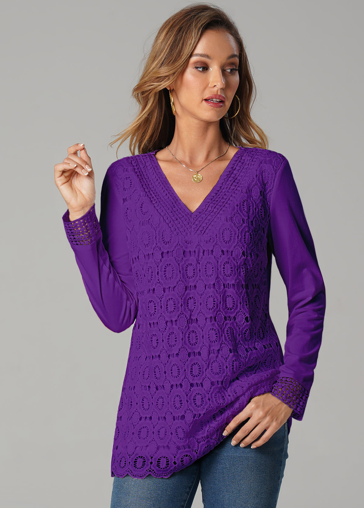 Lace Stitching Purple Long Sleeve T Shirt