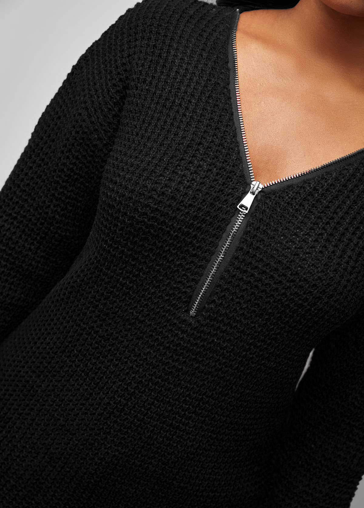 Quarter Zip V Neck Black Long Sleeve Sweater