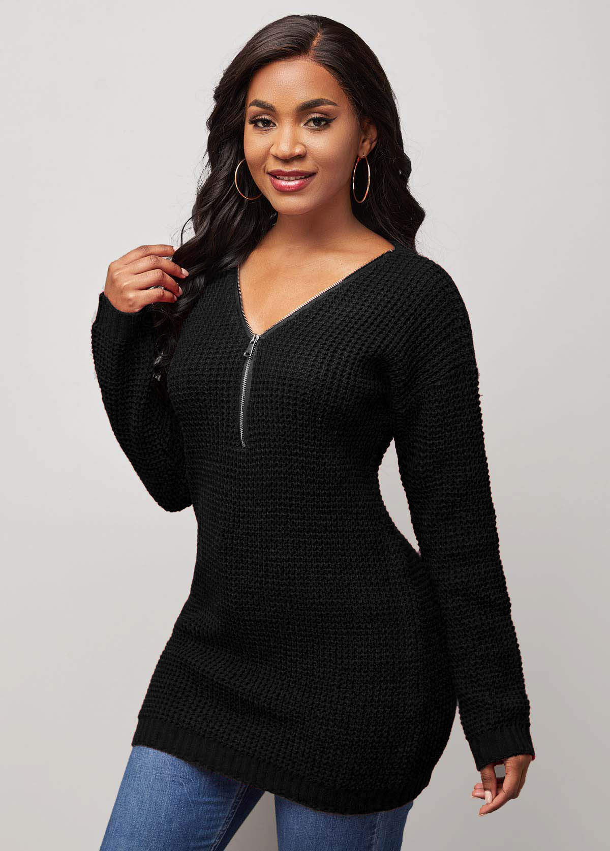 Quarter Zip V Neck Black Long Sleeve Sweater