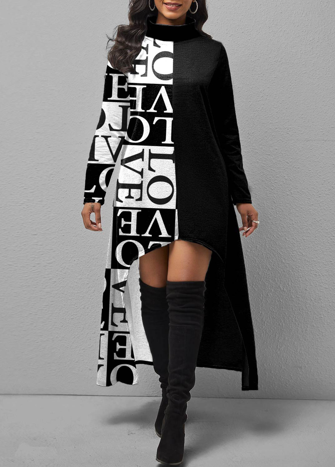 Letter Print Black Asymmetric Hem Dress