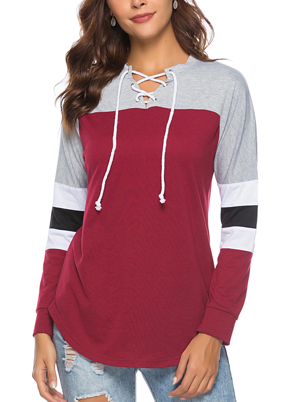 Lace Up Wine Red Long Sleeve Contrast T Shirt