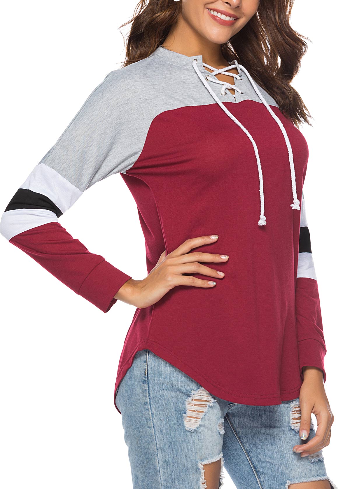 Lace Up Wine Red Long Sleeve Contrast T Shirt