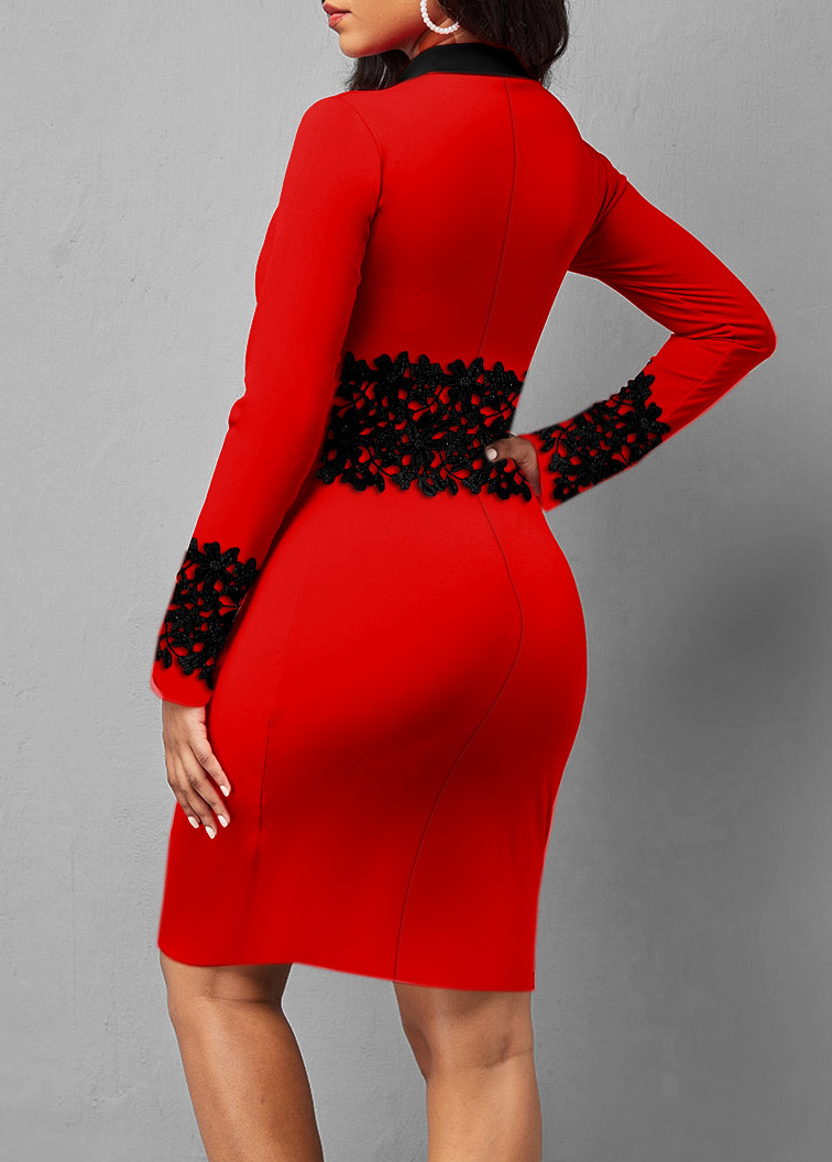 Quarter Zip Lace Stitching Long Sleeve Red Dress