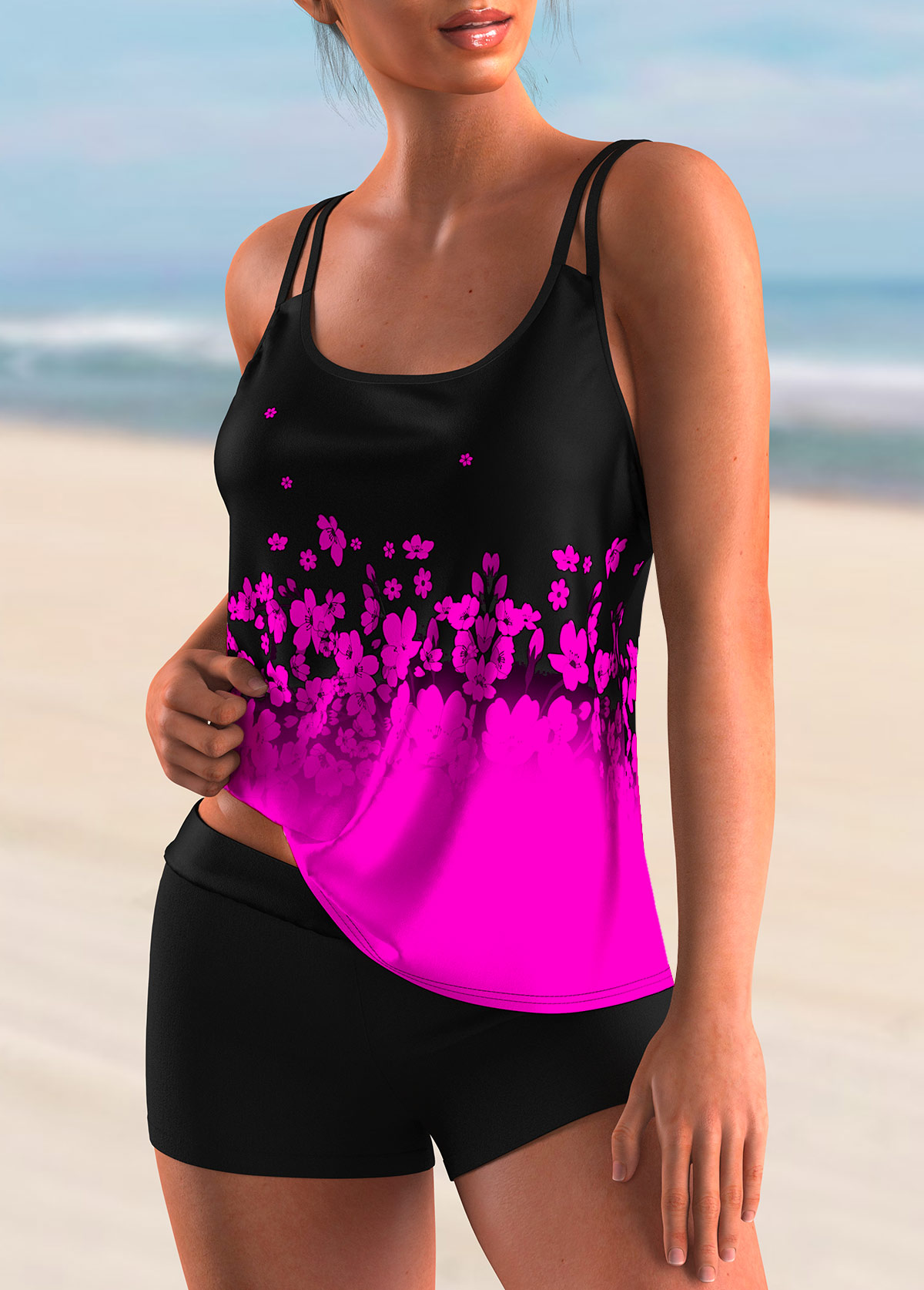 Ombre Hot Pink Floral Print Tankini Top-No Bottom