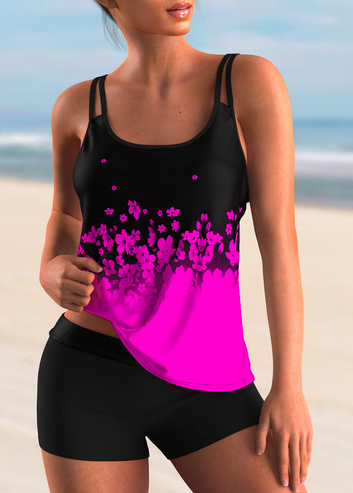 Ombre Hot Pink Floral Print Tankini Top