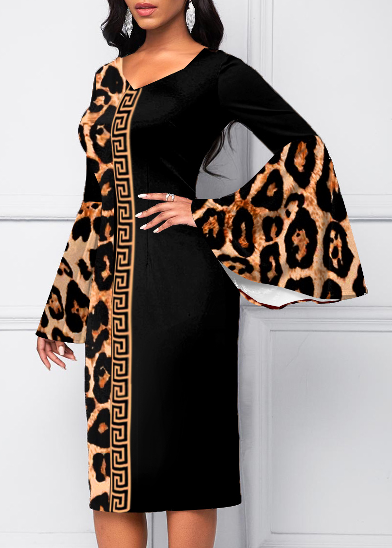 Fret Print Sweetheart Neckline Leopard Flare Sleeve Dress