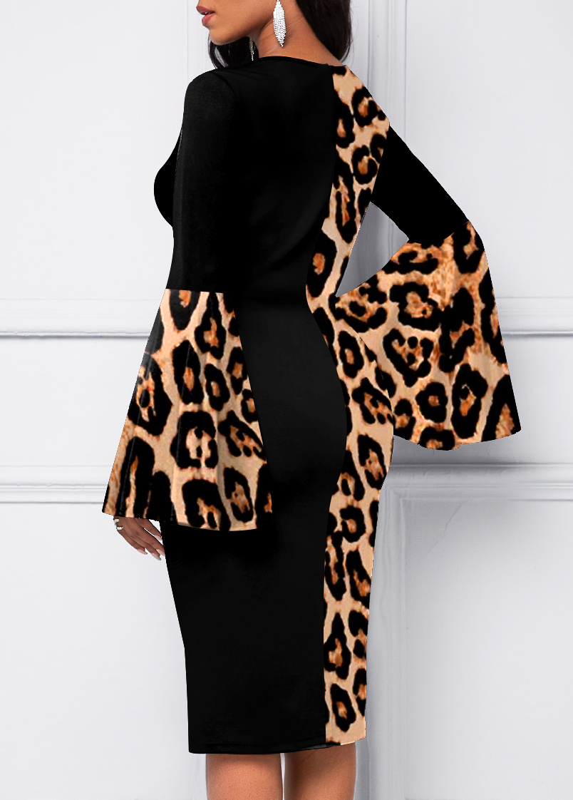 Fret Print Sweetheart Neckline Leopard Flare Sleeve Dress