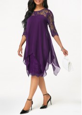 Chiffon Overlay Purple Three Quarter Sleeve Lace Dress