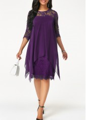 Chiffon Overlay Purple Three Quarter Sleeve Lace Dress