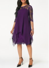 Chiffon Overlay Purple Three Quarter Sleeve Lace Dress