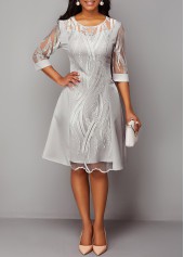 Lace Panel 3/4 Sleeve Light Grey Dress