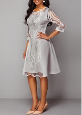 Lace Panel 3/4 Sleeve Light Grey Dress