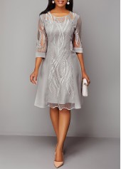 Lace Panel 3/4 Sleeve Light Grey Dress