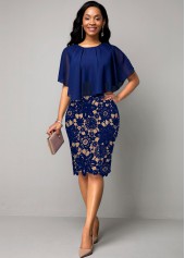 Navy Blue Lace Panel Cape Sleeve Dress