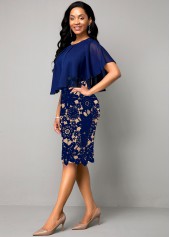 Navy Blue Lace Panel Cape Sleeve Dress