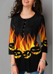 Round Neck Halloween Print Three Quarter Sleeve Blouse