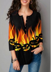 Round Neck Halloween Print Three Quarter Sleeve Blouse