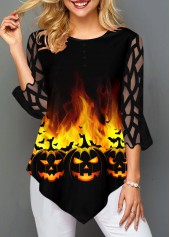 Halloween Print Mesh Panel Asymmetric Hem T Shirt