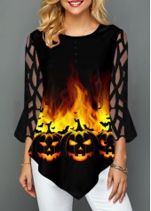 Halloween Print Mesh Panel Asymmetric Hem T Shirt