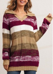 Turndown Collar Striped Long Sleeve Sweater