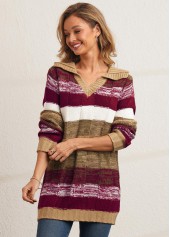 Turndown Collar Striped Long Sleeve Sweater