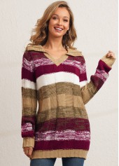 Turndown Collar Striped Long Sleeve Sweater