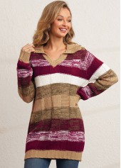 Turndown Collar Striped Long Sleeve Sweater