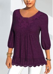 Solid Lace Stitching Lantern Sleeve T Shirt