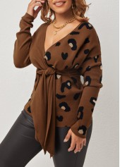 Brown Tie Front V Neck Leopard Sweater