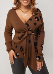 Brown Tie Front V Neck Leopard Sweater