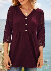 V Neck Waffle Knit Lace Stitching T Shirt