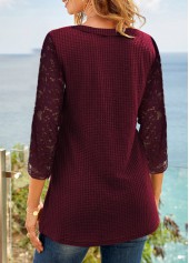 V Neck Waffle Knit Lace Stitching T Shirt