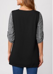 Pocket Asymmetric Hem Black Round Neck T Shirt