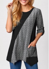 Pocket Asymmetric Hem Black Round Neck T Shirt