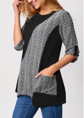Pocket Asymmetric Hem Black Round Neck T Shirt