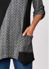 Pocket Asymmetric Hem Black Round Neck T Shirt