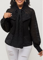 Pierced Tie Front Black Lantern Sleeve Blouse