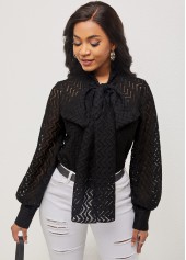 Pierced Tie Front Black Lantern Sleeve Blouse
