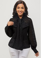 Pierced Tie Front Black Lantern Sleeve Blouse