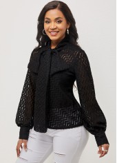 Pierced Tie Front Black Lantern Sleeve Blouse