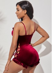 Lace Up Spaghetti Strap Red Flounce One Piece Swimwear