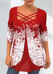 Red Christmas Snowflake Print Cross Strap T Shirt