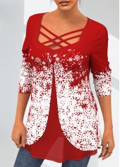 Red Christmas Snowflake Print Cross Strap T Shirt